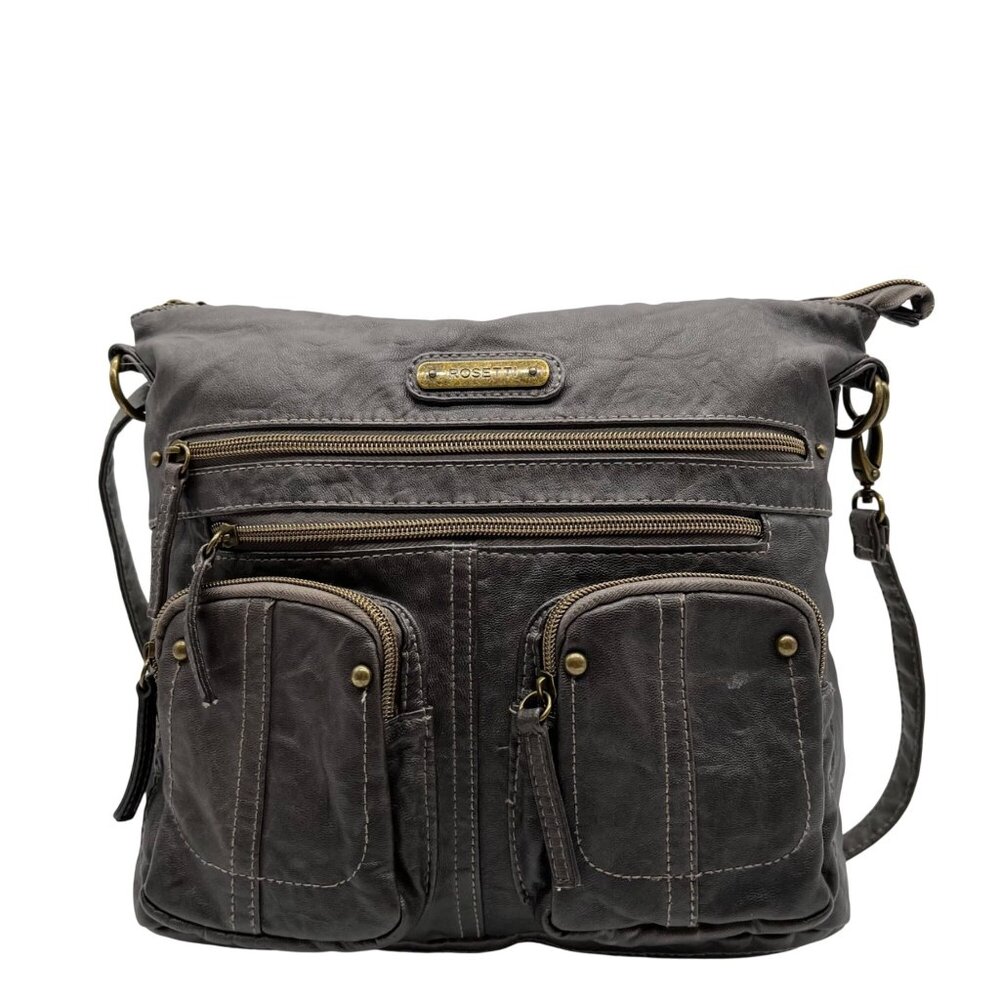 Rosetti Grey Faux Leather Multi-Pocket Hobo Crossbody Bag